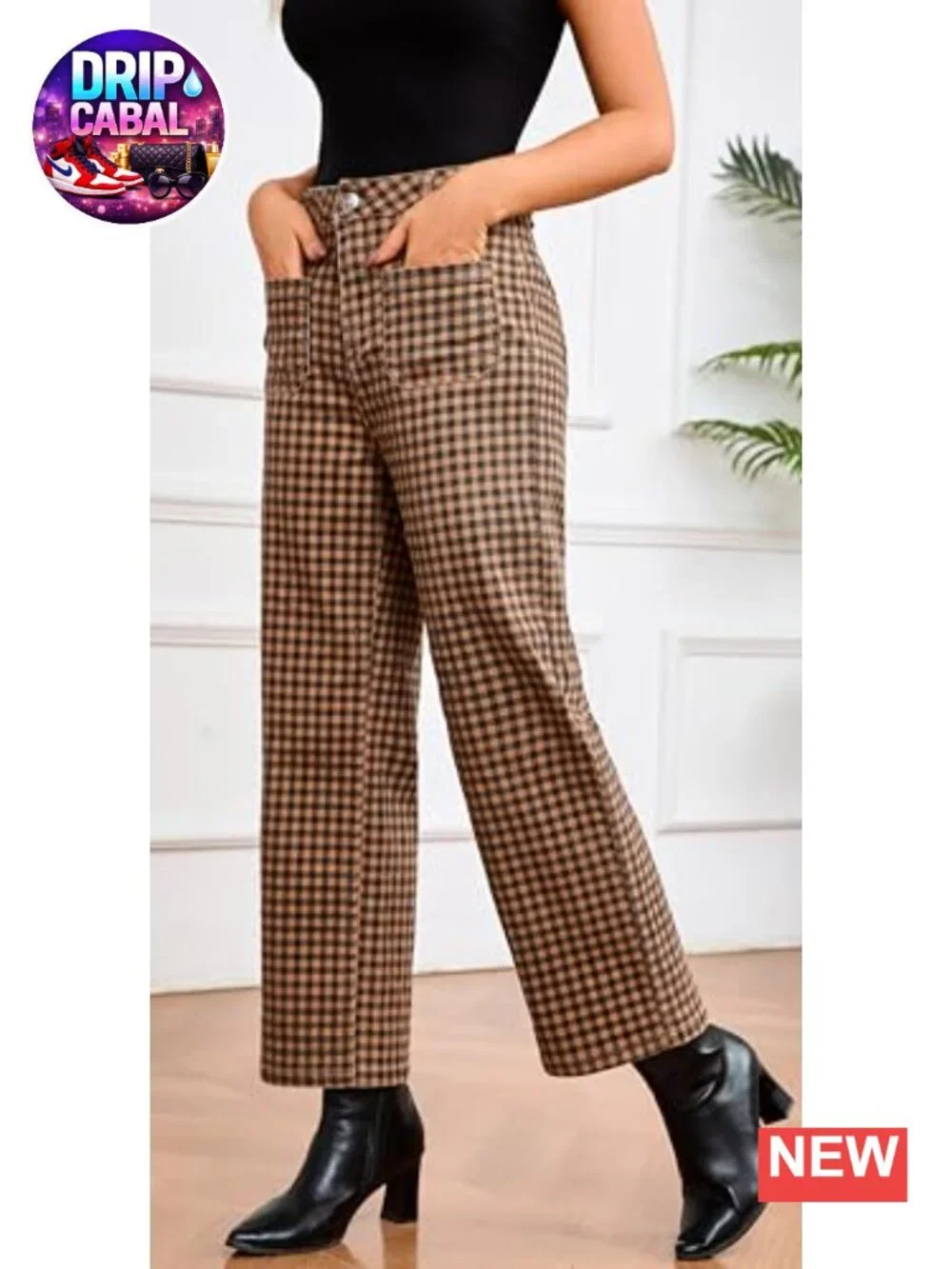 Women's High Waist Wide Leg Plaid Pants Cropped Straight Leg with Pockets